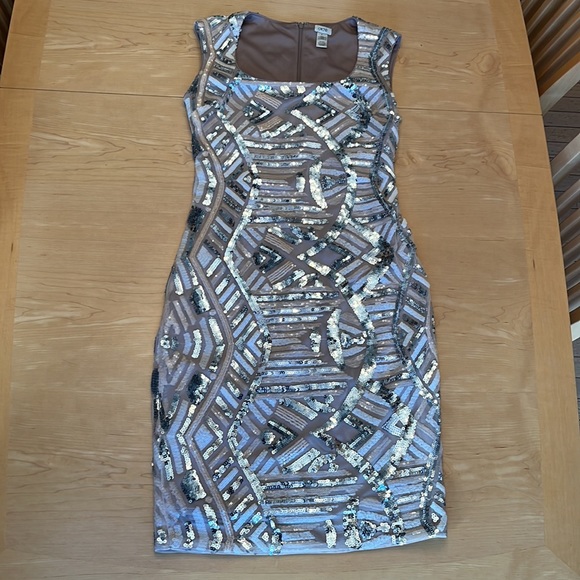 Cache Blush and Silver Sequin Geometric Design Event Cocktail Dress Sz 4 - Picture 10 of 17